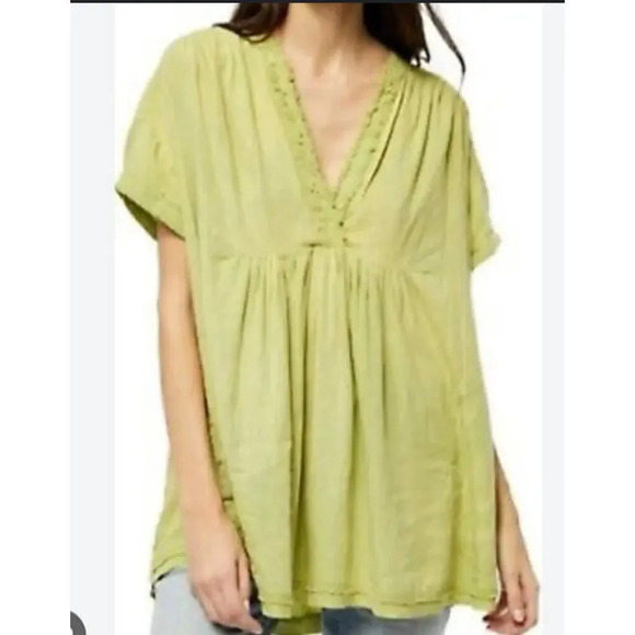 Free People Green Getaway With Me Linen Blend Tunic Top Size Medium - Picture 1 of 5